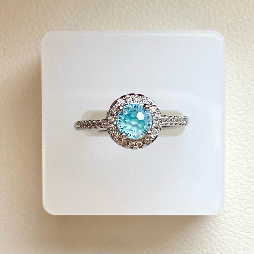 Aqua Halo Silver Ring with Blue Gem